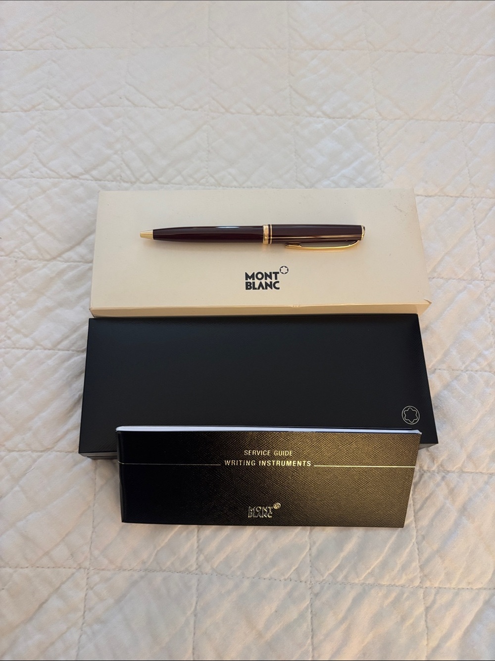 Vintage Montblanc Ballpoint Pen in Bordeaux with Gold Trim. New in box.